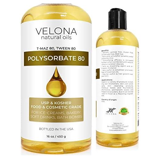 Polysorbate 80 by Velona - 16 oz | Solubilizer, Food & Cosmetic Grade | All Natural for Cooking, Skin Care and Bath Bombs, Sprays, Foam Maker | Use Today - Enjoy Results