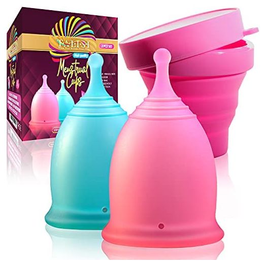 Talisi Menstrual Cups Set of 2 with Collapsible Silicone Foldable Sterilizing Cup - Tampon and Pad Alternative - Feminine Menstruation Soft Reusable Period Cup for Regular Heavy Flow with Sterilizer