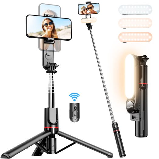 Stable Selfie Stick Tripod with Fill Light, 44 Inch Extendable Selfie Stick with Wireless Remote and Tripod Stand 360 Rotation for iPhone 15/14/13/12/11 Pro/XS Max/XS/XR/X/8/7, Samsung and Smartphone