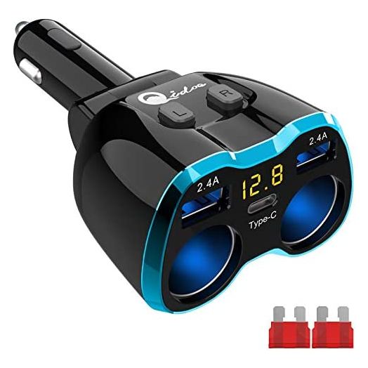 USB C Car Charger, Cigarette Lighter Splitter Adapter 2 Socket Type C Multi Power Outlet 12V/24V 80W DC with LED Voltmeter Switch 5.8A Dual USB Port for Mobile Cell Phone GPS Dash Cam