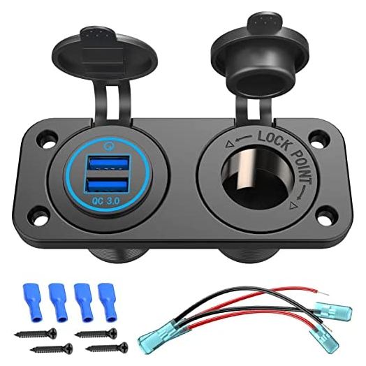 QC 3.0 USB Outlet 12V Boat Marine Waterproof Cigarette Lighter Socket Splitter 12 Volt DC Power Charger Adapter DIY Kit with Blue LED Dual USB Ports for Rocker Switch Panel on Car RV Golf Cart ATV