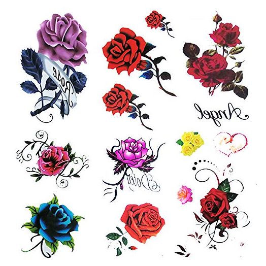 6 Sheet small fake Rose tattoo for women Girls, Temporary Tattoos blue red flower, butterfly