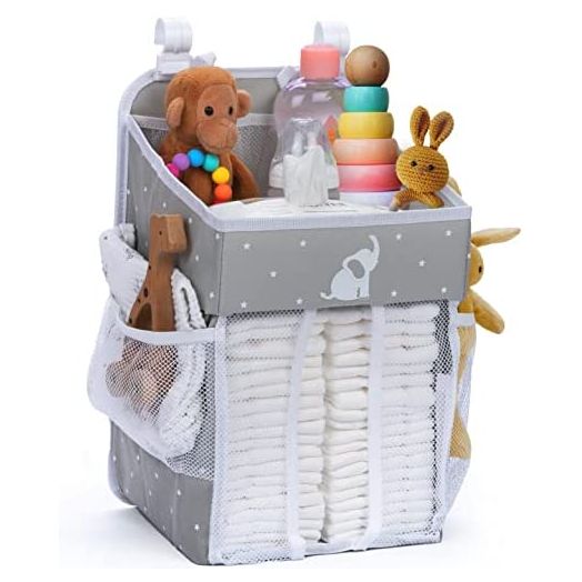Cradle Star Hanging Diaper Caddy - Baby Shower Gifts Diaper Organizer for Changing Table - Hold 50+ Diapers - Nursery Baby Essentials for Newborn - Gray with White Elephant - 17x9x9 inches