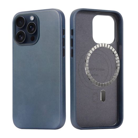 LONLI Edition - for iPhone 15 Pro Case - Premium European Genuine Leather Phone Case - Develop Patina Over Time - Compatible with Magsafe - Azure Blue