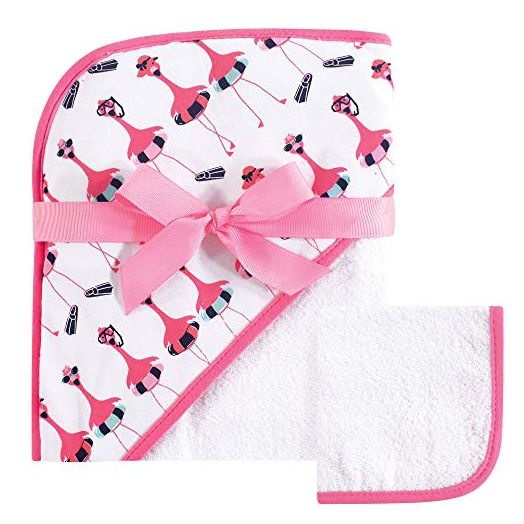 Hudson Baby Unisex Baby Cotton Hooded Towel and Washcloth, Fancy Flamingo, One Size