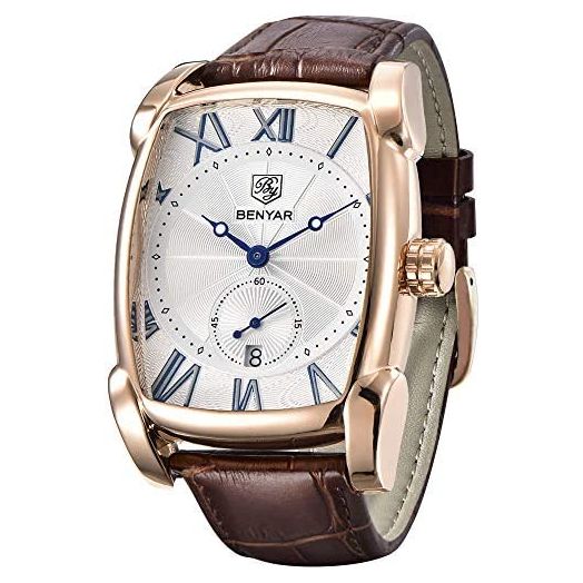 BENYAR Watch for Men Date Week Moon Phases Square 3ATM Waterproof Black Brown Blue Leather Strap Fashion Casual Classic Retro Rectangle Men's Wrist Watches Perfect Gifts for Friend