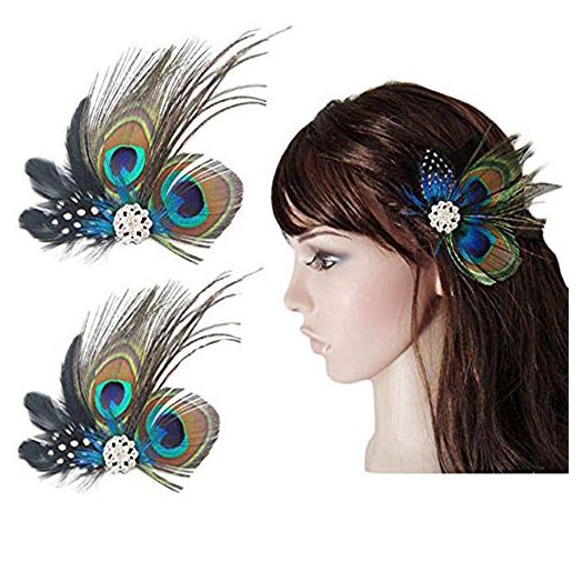 Comidox Set of 2 Butterfly Peacock Feather Hair Clip Pins with Rhinestones