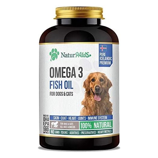 NaturPAWS Omega 3 Fish Oil Supplement for Dogs and Cats - 1000 mg Pure DHA and EPA Omegas - Supports Healthy Coat and Skin, Heart, Immune System, Joints and Hip - 180 softgels