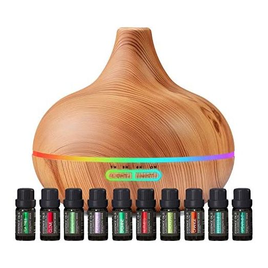 Ultimate Aromatherapy Diffuser & Essential Oil Set - Ultrasonic Diffuser & Top 10 Essential Oils - Modern Diffuser with 4 Timer & 7 Ambient Light Settings - Therapeutic Grade Essential Oils - Lavender