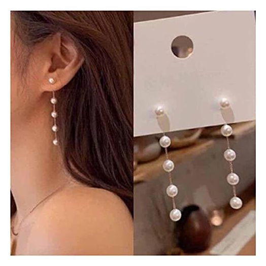 Yheakne Boho Pearl Drop Dangle Earring Gold Long Tassel Pearl Earrings Tiny Pearl Chain Earrings Vintage
