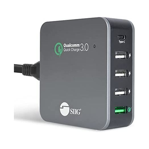 SIIG USB C Charger 5 Port 45W with Quick Charge 3.0, USB Type C & QC 3.0 Desktop Charging Station Plus Phone / Tablet Organizer Stand – Black AC-PW1714-S1