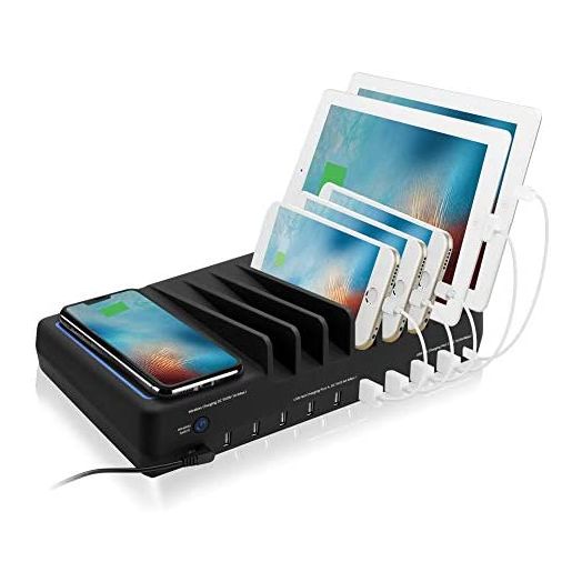 SIIG 10 Port 90W USB Charging station with Qi wireless and USB C Charging, Ambient Light Deck compatible with iPhone iPad Samsung Galaxy Google Nexus | SIIG