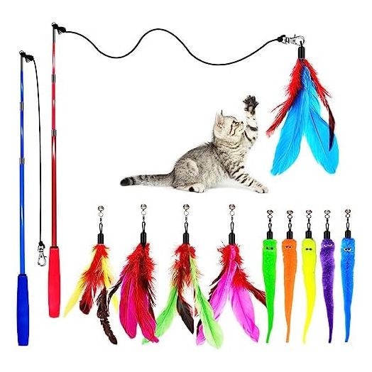 Cat Toy Wand, Retractable Cat Feather Toys and Replacement Refills with Bells, Interactive Cat Toys for All Kind of Cat Kitten