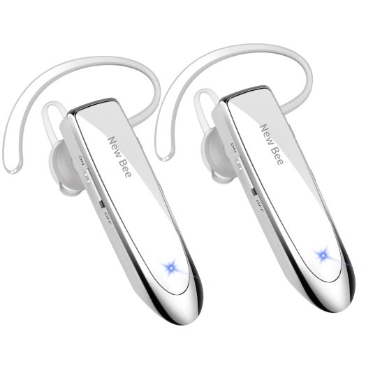 New bee [2 Pack] Bluetooth Earpiece V5.0 Wireless Handsfree Headset 24 Hrs Driving Headset 60 Days Standby Time with Noise Cancelling Mic Headsetcase for iPhone Android Laptop Truck Driver(White)