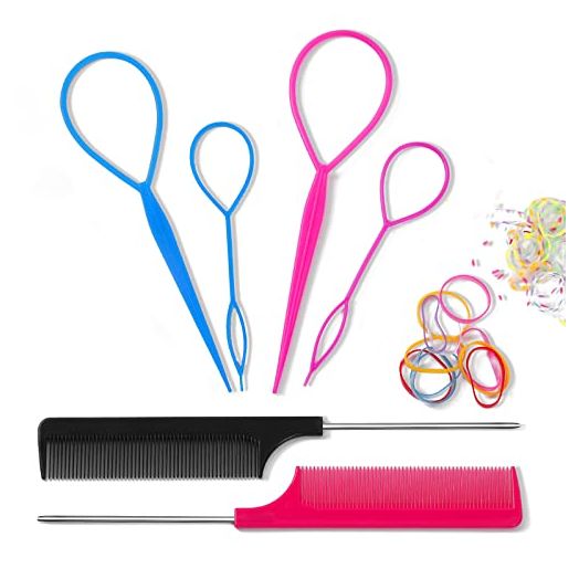 6Pcs Hair Loop Tool Set with 4 Hair Tail Tools French Braid Tool Loop 2 Metal Pin Rat Tail Comb for Hair