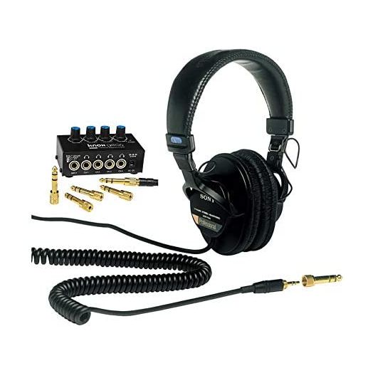 Sony MDR7506 Folding Professional Closed Ear Headphones with Knox Gear Compact 4-Channel Stereo Headphone Amplifier Bundle (2 Items)
