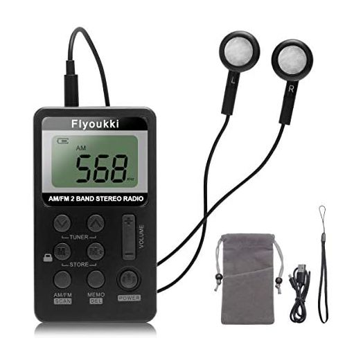 Pocket Small Radio by Flyoukki, Personal Mini AM FM Portable Digital Tuning Transistor Radios with Best Reception, Earphones, Lanyard and Rechargeable Battery for Walking Jogging Exercising (Black)