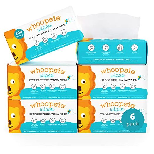 Whoopsie Wipes | Ultra-Soft - 100% Pure Cotton Dry Baby Wipes | Use Wet or Dry | Soft & Sensitive | Hypoallergenic | Extra Strong & Absorbent | Perfect for Diaper Changes, Runny Noses, Drool, Meal Time & Nursing (6-Pack)