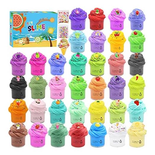 Butter Slime Kit with Funny Fruits Charms, Super Soft & Non-Sticky (36 Pack)