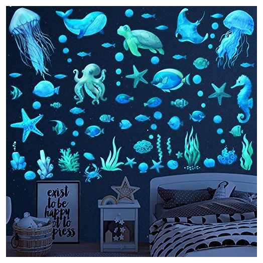 Ocean Fish Wall Decals,Glow in The Dark Under The Sea Wall Decals Sea Life Animals Wall Stickers Removable Waterproof Peel and Stick for Boys Kids Bathroom Watercolor Ocean Creatures Decor(Upgrade)