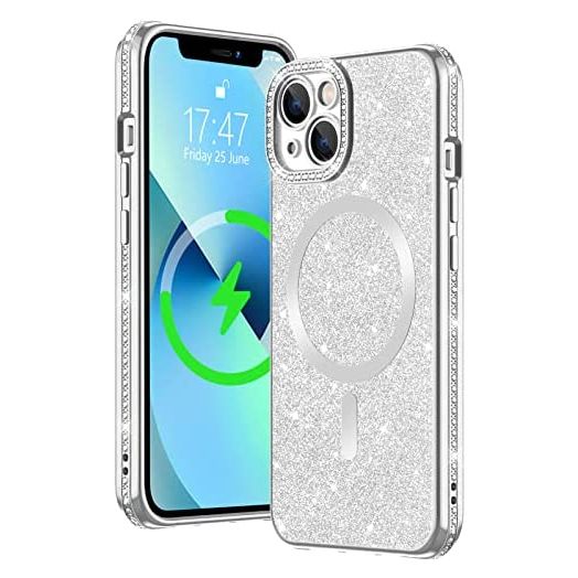 OLEEVEE Glitter Magnetic Case for iPhone 13 Case, iPhone 14 Case, Compatible with MagSafe, Diamond Camera Cover, Sparkle Shockproof Protective iPhone 13 / iPhone 14 Case 6.1 inch for Women, Silver