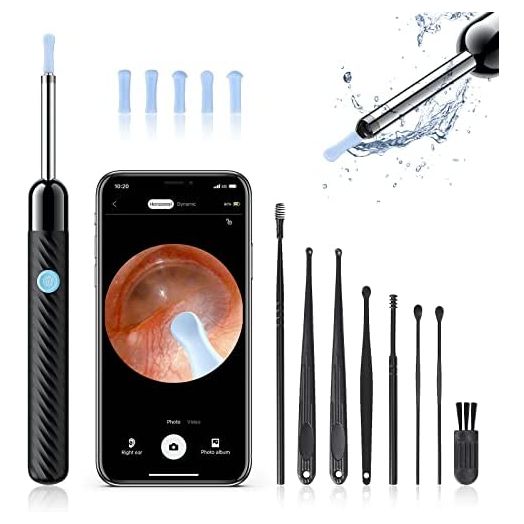 Ear Wax Removal - Earwax Remover Tool with 8 Pcs Ear Set - Ear Cleaner with Camera - Earwax Removal Kit with Light - Ear Camera with 6 Ear Spoon - Ear Cleaner for iOS & Android (Black)