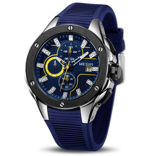 MEGIR Men's Sports Analogue Army Military Chronograph Luminous Quartz Watch with Stylish Blue Silicone Strap for Gifts (2053 Blue)
