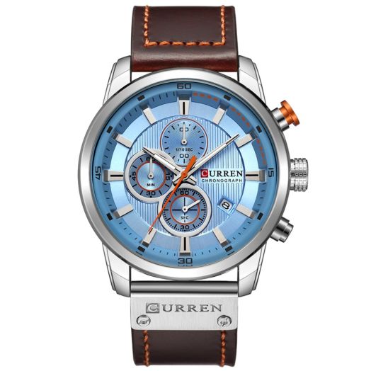 CURREN Men Leather Strap Military Watches Men's Chronograph Waterproof Sport Wrist Date Quartz Wristwatch Gifts (Silver Blue)