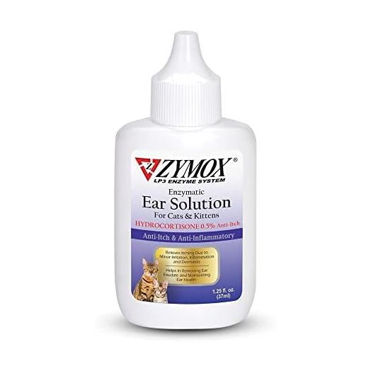 Zymox Enzymatic Ear Solution with 0.5% Hydrocortisone for Cats & Kittens, 1.25 oz. – Cleans & Refreshes Ear Canal for Relief from Ear Wax, Dirt Buildup, Itchiness, Irritation, Inflammation & Redness