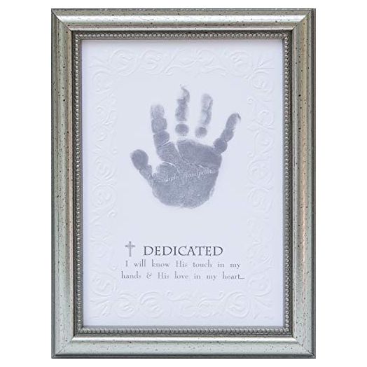 The Grandparent Gift Company- Silver Embossed Wooden 5 x 7 Table or Shelf Frame with “Dedicated” Sentiment- Baby Handprint Dedication Gifts