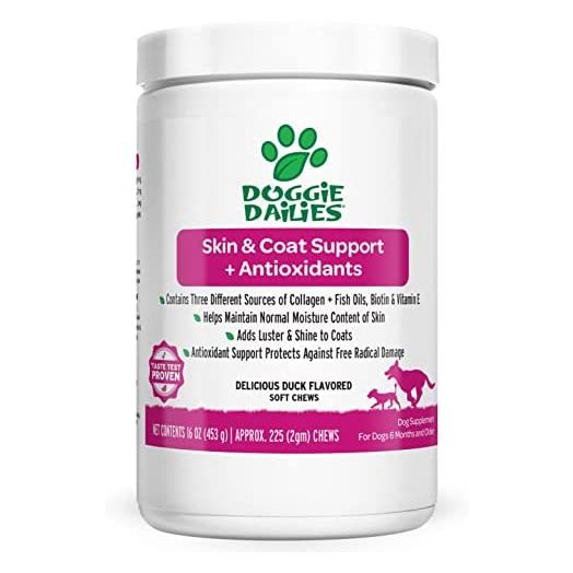 Doggie Dailies Skin & Coat Supplement + Antioxidant Support, 225 Soft Chews, Salmon Oil for Dogs Skin and Coat with Collagen, Omega 3, Krill Oil, Biotin, & Coconut Oil for Dogs