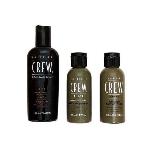 American Crew Travel Grooming Kit (3-In-1 3.3 oz, Precision Shave Gel 1.7 oz, & Post-Shave Cooling Lotion 1.7 oz)