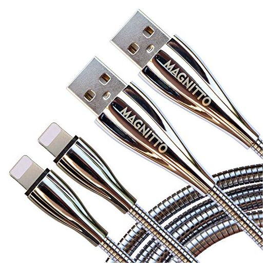 MAGNITTO USB 6FT Charger Cable Durable Metal Braided Cord, 2 Pack Extra Long, Copper Wire, Tangle-Free, Fast Charging and Data sync at high Speed, Premium Metal Connector, Silver Color
