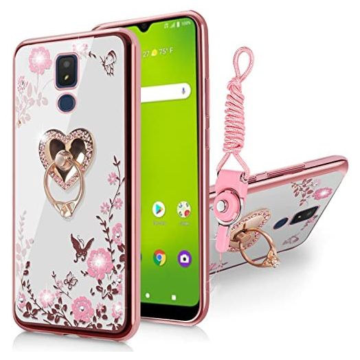 B-wishy for Cricket icon 3 Case for Women, Glitter Crystal Butterfly Heart Floral Slim TPU Luxury Bling Cute Protective Cover with Kickstand+Strap for Cricket icon 3 (Rose Gold)