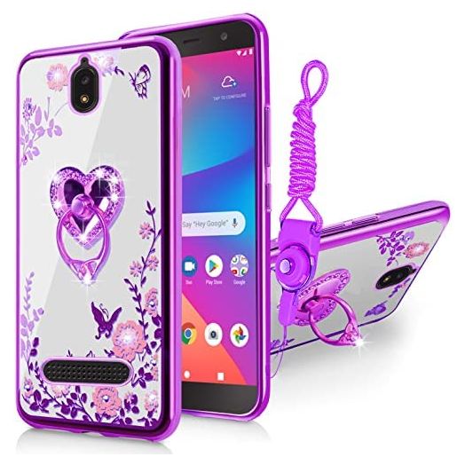B-wishy for Blu View 2 Case for Women, Glitter Crystal Butterfly Heart Floral Slim TPU Luxury Bling Cute Protective Cover with Kickstand+Strap for Blu View 2 B130DL (Purple)