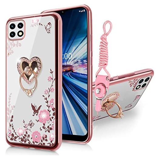 for Boost Celero 5G Case, Samsung Galaxy A22 5G Case for Women, Glitter Crystal Butterfly Heart Floral Slim TPU Luxury Bling Cute Protective Cover with Kickstand+Strap for Boost Celero 5G(Rose Gold)