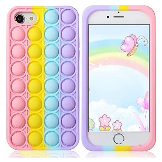 Aupartuds Pop It Phone Case for iPhone 7/6 Plus,Stress Reliever Push Pop Bubble Fidget Toys Cover,Cute Funny Soft Silicone Protective Shell for iPhone 8 Plus 5.5 inch - Rainbow