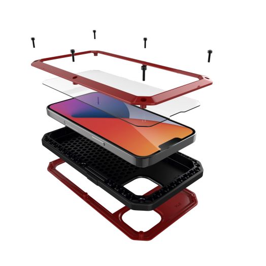 iPhone 14 Plus Metal Case, Heavy Duty Rugged Shockproof Military Aluminum Case with Built in Screen Protector, 360 Full Body Protective Bumper Cover for iPhone 14 Plus 6.7 inch, Red