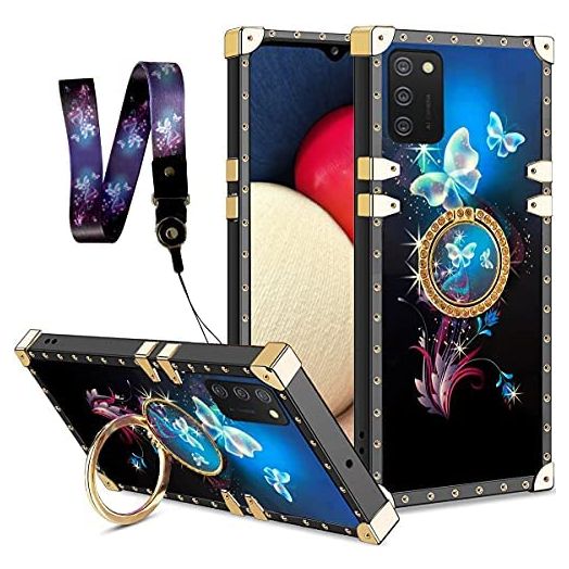 nancheng for Samsung galaxy A02s Case Kickstand Ring Holder Clip Exotic Colorful Square Diamond Rivet Crystal Anti-Shock Protective Soft Slim Shockproof TPU Cover for Samsung A02s (Butterfly Darkblue)