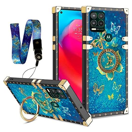 for Moto G Stylus 5G (2021) Case Cute Motorola G Stylus 5G Square Case with Holder Bule Lanyard Girls Women Butterfly TPU Cover Full Body Bumper Shockproof Drop Protective Phone Case - Butterfly Blue