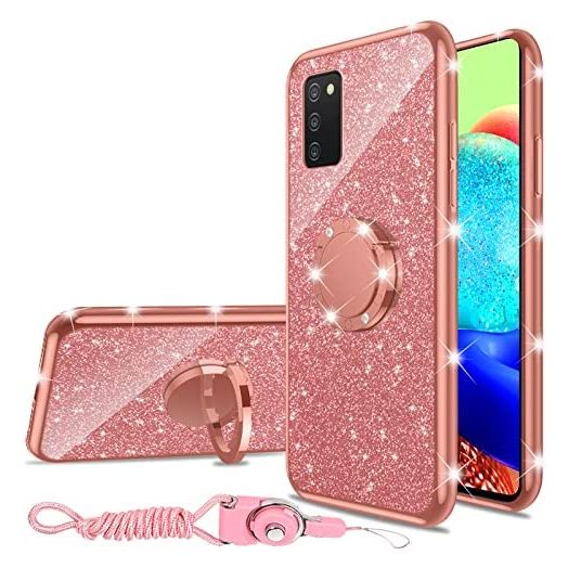 for Samsung Galaxy A03S case Glitter Luxury Cute Silicone TPU Phone Case for Women Girls with Kickstand, Bling Diamond Rhinestone Bumper Ring Stand Slim Case for Galaxy A03S (Rose Gold)