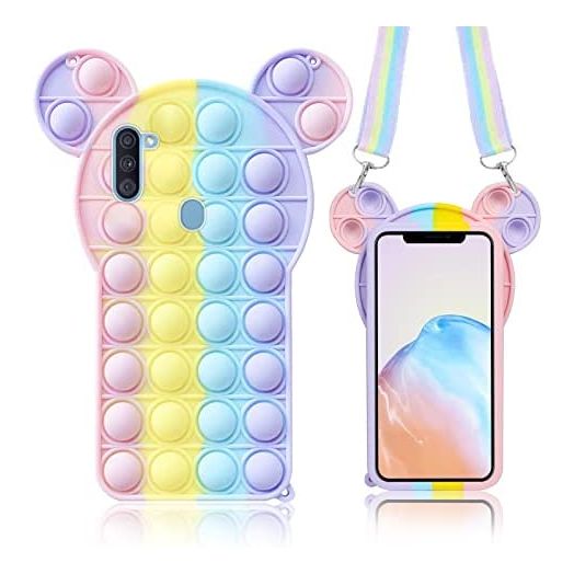 Trendy Fun for Samsung Galaxy A11 Case, Cute Cartoon Phone Case for Girls Kids Teen, Soft Silicone Phone Case Bubble Fidget Sensory Toy Funny Pop Phone Protective Case for A11 with Strap