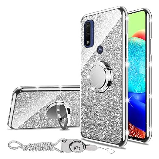 Compatible with Moto G Pure 2021 Case, Moto G Power 2022 Case, Girls Women Glitter Luxury Sparkles Cute TPU Silicone Slim Phone Case with Ring Stand & Strap Case for Motorola G Pure 2021 - Silver