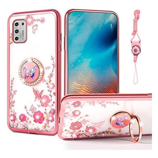 nancheng Phone Case for Moto G Stylus 2021 Cute Pink Butterfly Floral Clear Cover for Girls Women with Lanyard Ring Kickstand Shockproof Drop Protective Case for Motorola G Stylus 2021- Rose Butterfly