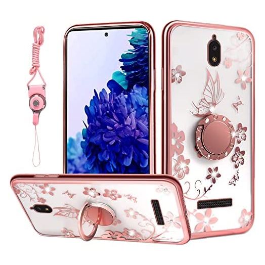 Compatible with Blu View 2 B130DL Case with Clear Butterflies and Flowers Pattern for Women Fashion Soft Flexible Durable Slim TPU Case, Cute Sparkle Diamond Cover with Strap for Blu View 2-Butterfly