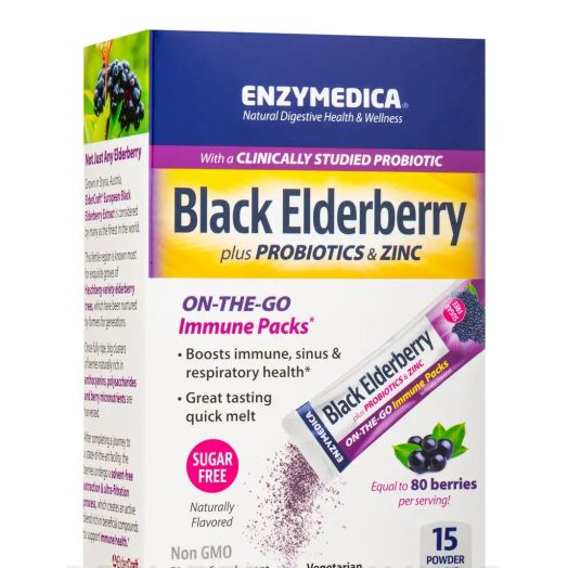 Enzymedica Black Elderberry plus Probiotics & Zinc - 1 Box of 15 Powder Packs