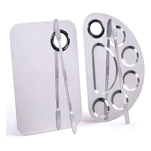 LQ-TT-CY-CX Makeup Palette, Stainless Steel Metal Foundation Palette with Spatula, 6×4" Silver (2pcs)