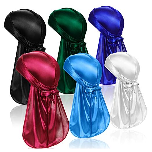 6 Pcs Silky Durag Headwraps Dorag for Men Women Waves, Durags Pack with Long Tail and Wide Straps, 6 Colors