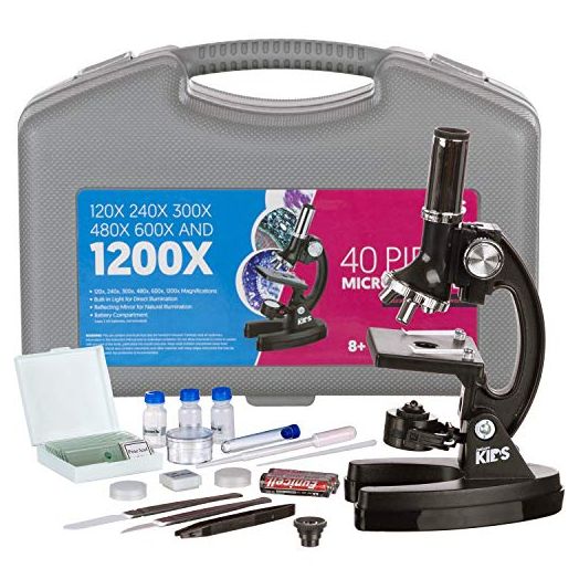 AmScope-KIDS M30-ABS-KT1 Beginner Microscope Kit, LED and Mirror Illumination, 120x - 1200x Six Magnifications, Metal Frame and Base, Includes 48-Piece Accessory Set and Case,Black