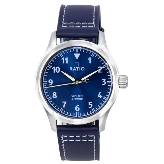 RATIO Pilot Style Watch Leather Strap Analog Display Sapphire Crystal Japanese Automatic 200M Water Resistant Casual Formal Wear Watch for Men (Blue Sunray)